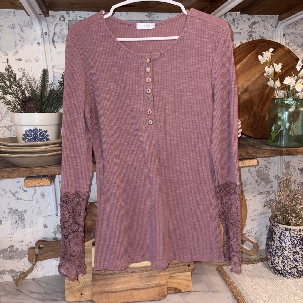 Miselon Romantic Lace Cuff Ribbed Mauve Henley Shirt Women's M Bohemian